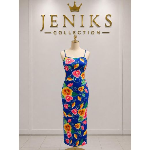 Fashion Floral Cami Bodycon Maxi Dress – Vibrant Blue Floral Print Spaghetti Strap Evening Gown