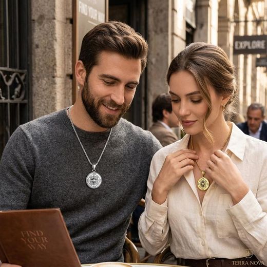 Fashion ASCENT Couple Compass Pendant Necklace, 2pcs Gold & Silver Chain Necklaces for Lovers, Men Women Jewelry Gift Set - image 2