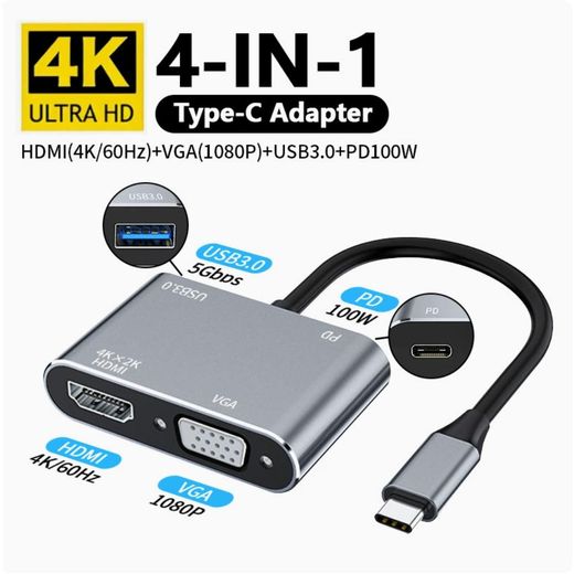 Yaticrab  4-in-1 Type-C Hub Adapter HDMI VGA USB3.0 100W PD Charging for Laptop Phone Tablet