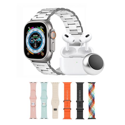 White Label 7-in-1 Smartwatch Ultimate Bundle: 2.3" HD Display, Bluetooth Calling, Comprehensive Health Suite, & Full Accessory Kit (Speaker, Earphones, 7 Straps) - Silver