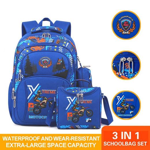 Fashion 3 In 1 Waterproof Motocross Boys School Backpack Set, Ergonomic Spine Support Large Capacity Primary School Bag with Lunch Bag & Pencil Case for Grades 1-6 - image 2