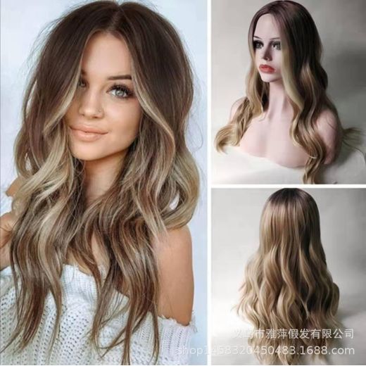 Generic Ladies Mid-point Big Wave Linen Brown Mixed Color Long Curly Wig - image 2