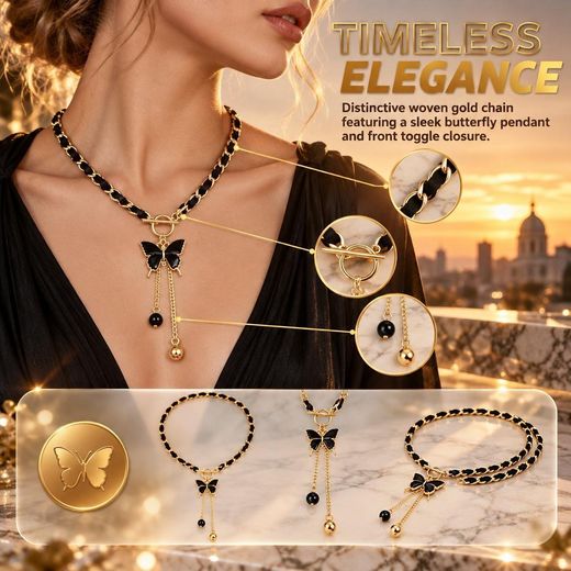 Fashion Women's Butterfly Pendant Necklace - Black/Gold - image 4