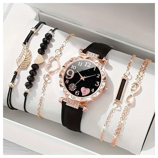 Fashion Women's Watch Bracelet 6pcs Set  - Diamond-Encrusted  Quartz Watch with Beaded & Chain Bracelets, Gift Set for Daily Wear & Parties