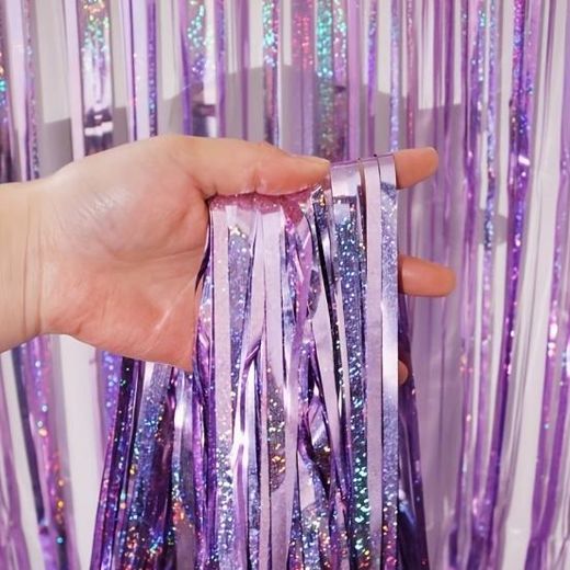 Generic Purple Holographic Metallic Glitter Tinsel Backdrop 100*200cm *4PCS