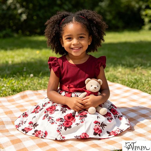Catpapa 3-6 Years Girls' Elegant Wine Red Floral Dress with Sleeveless Design & Waist Sash, Pretty Outfit for Parties & Special Events, Girls' Party Dress - image 2