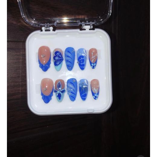 Generic 10PCS Reusable Short Almond with Blue Designs Press On Nails - Nude/ Blue - image 2