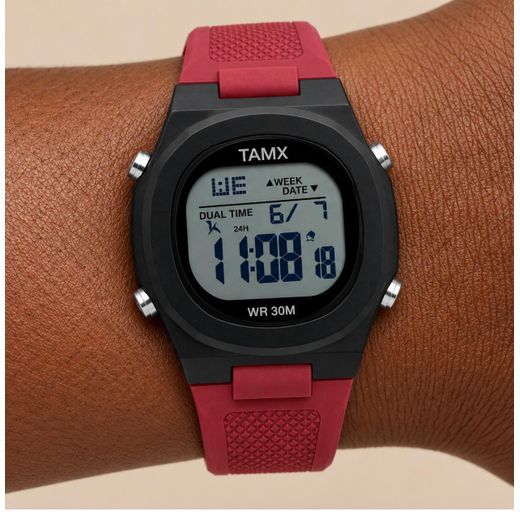 Na TAMX Digital Wristwatch with Textured Strap – Burgundy Red & Black - image 2