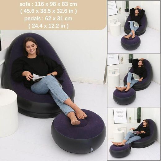 Generic 2in1 Large lazy inflatable sofa - Leisure inflatable chair - Flocking leisure inflatable lounge chair- Bean bag chair-Inflatable Seat With Footrest + Manual Pump- Navy Blue - image 2