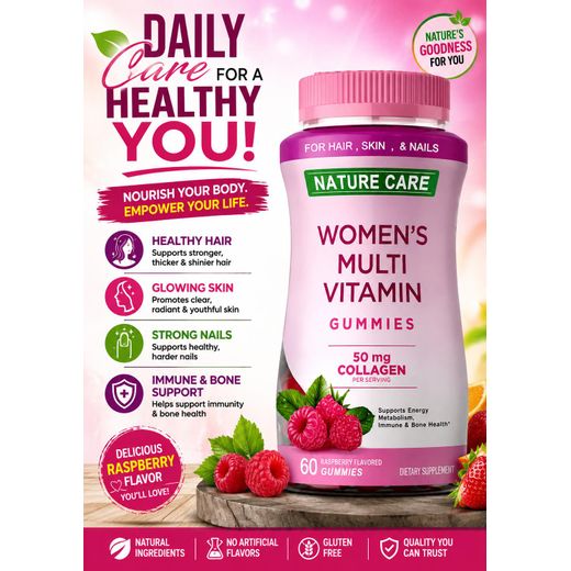 Nature Care Women's Multivitamin Gummies with Collagen (Raspberry Flavor) – 60 Count - image 2