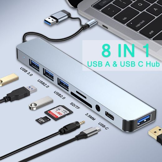 Generic 8 in 1 USB Extender with SD/TF Card Reader, 3.5mm Aux Headphone Jack for PC/Laptop/Tablet Devices - image 2
