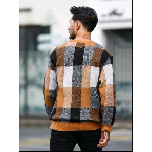 Fashion For Life Men's Plaid Knit Sweater – Brown, Black & White Color-Block Long-Sleeve Pullover Top, Casual Fashion Jumper - image 3