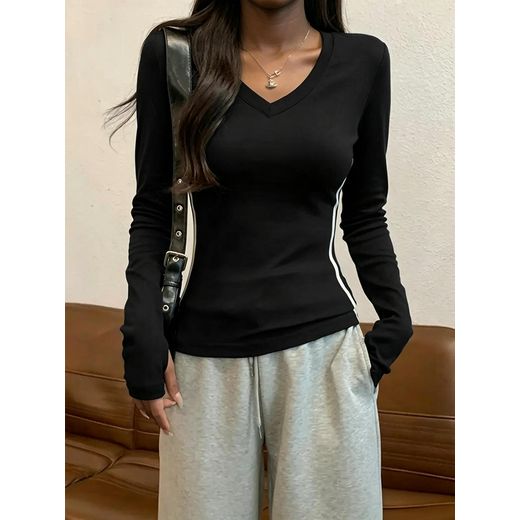 Fashion Women V Neck Long Sleeve T Shirt Side White Stripe Slim Fit Fitted Basic Casual Daily Blouse - image 4