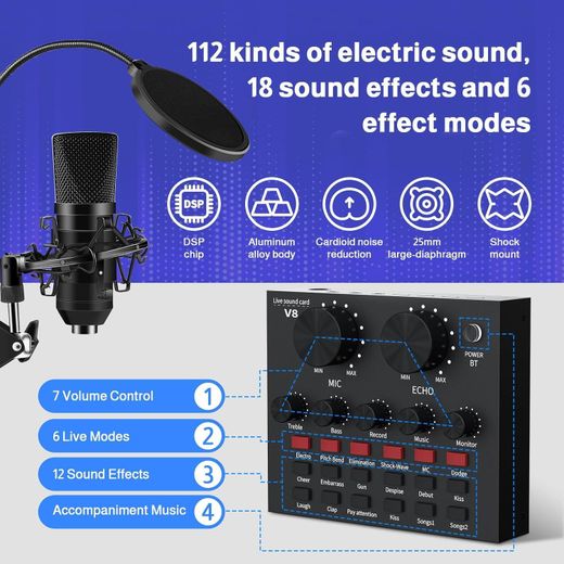 TodyJeyHo External Sound Card, USB V8 Live External Sound Mixer Board, Voice Changer Sound Card with Multiple Sound Effects for Live Recording Home KTV Voice Chat (V8) - image 3