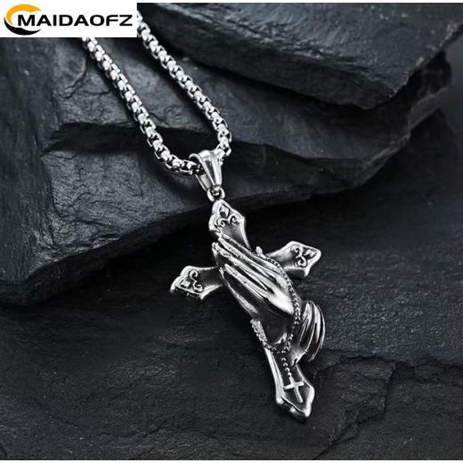 MAIDAOFZ Prayer Hand Cross Pendant Necklace-