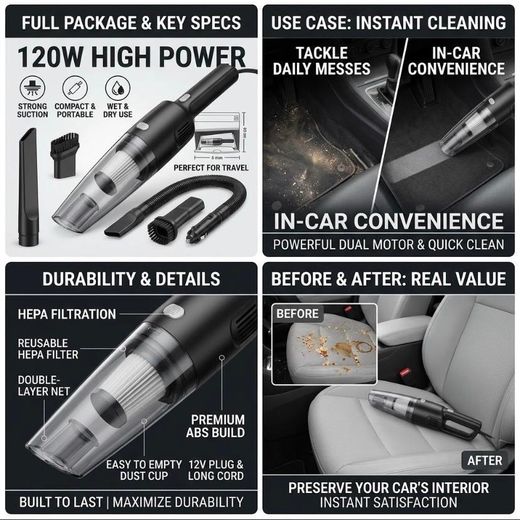 Get Vacuum Cleaner for Cars – Cordless Handheld Wireless Wet and Dry Vacuum Cleaner for Cars with Washable Reusable Filter Bag and Suction Nozzle - image 3