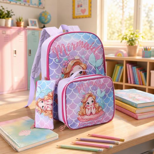 Fashion Cute Mermaid 3-in-1 Backpack Set for Kids Students, Insulated Lunch Bag & Pencil Case for Travel Picnic