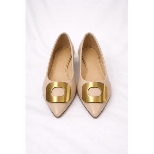Atmosphere Elegant Flat Ballet Shoes - Beige with Gold Buckle
