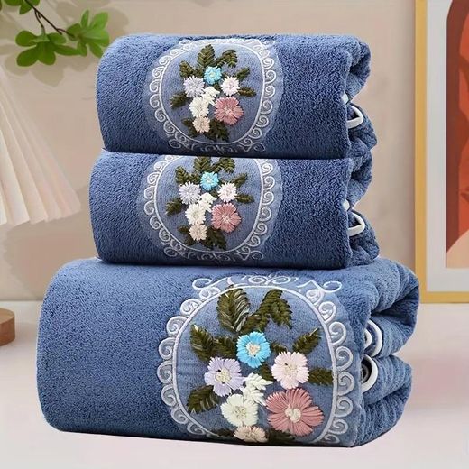 Generic 3pcs Embroidered Floral Towel Set, 2 Hand Towels and 1 Bath Towel, Soft and Absorbent Household Bath Towels, Bathroom Bath Towels and Face Towels - Blue - image 2