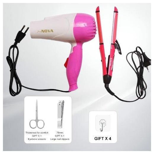Generic 2 In 1 Hair Straightener And Curler With Hand Dryer - Pink+ Free Professional Hair Dryer