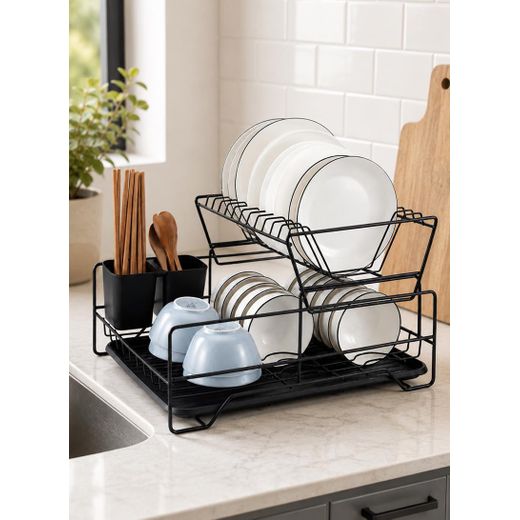 White Label 2-Layer Premium Material Dish Drying Rack With Tray & Sink Protector Grid For Kitchen Counter With Utensil Holder (W17 x D13 x H10.2)" - Black - image 2