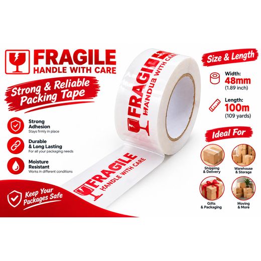 Generic Fragile Warning Tape 48mm x 100m – Handle With Care Printed Packing Tape for Shipping, Moving & Carton Sealing