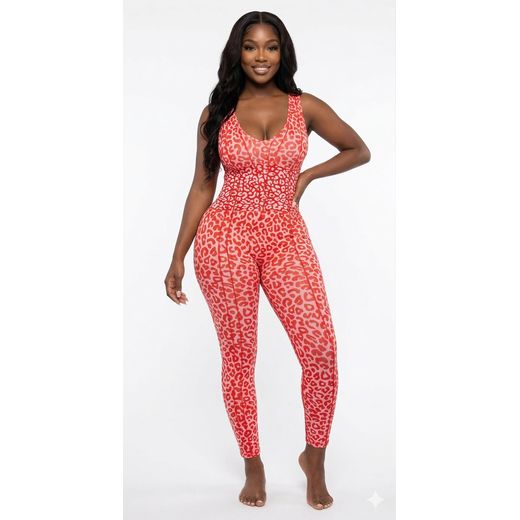 Generic Leopard Print Mesh Bodysuit - Red/Pink