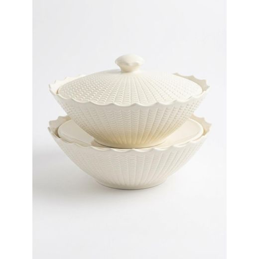 Elegant Cream Ceramic Casserole Dish Set with Lid & Serving Tray (2-Tier Embossed Fish-Scale Design)