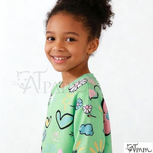Catpapa Exclusive Perks for Loyal Customers! 4-7Years Baby Girl Green Round Neck Long Sleeved Cute Pattern Printed Fashionable Casual Top for Autumn and Winter Indoor and Outdoor City Walking Clothing - image 3
