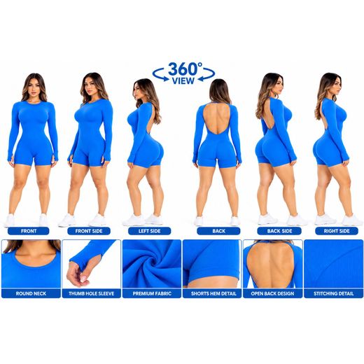 Fashion Women’s Long Sleeve Open-Back Romper, Fitted Casual Jumpsuit -Blue - image 3