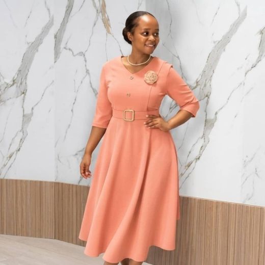 Fashion Elegant Women's 3/4 Sleeve A-Line Corporate Dress with Belt And Flower Brooch - Peach