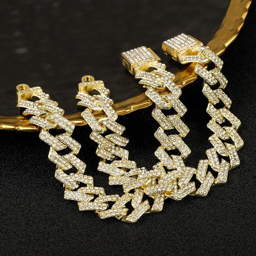 VOGUE BAZAAR 2PCS Men’s Watch & Cuban Link Bracelet Set – Black Dial with Gold Hands, Gold Rhinestone Chain, Classic Luxury Gift for Him - image 2