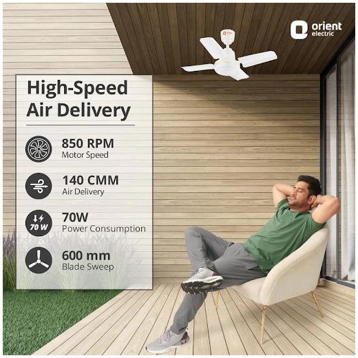 Orient 24" Electric Quadro Ornamental 750mm 4 Short Blade Premium Ceiling Fan-220-240V- 70W - White - image 3