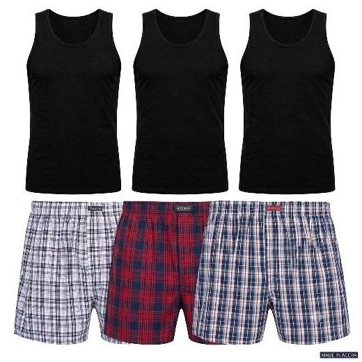 White Label 3 Pieces Black Men's Singlets + 3 Pieces Plaid Boxer Shorts