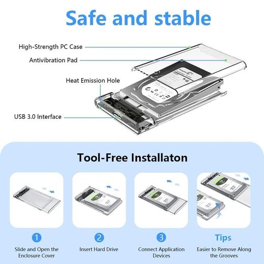 WEJESS 2.5 Inch Hard Disk Case Transparent HDD Enclosure  SATA to USB 3.0 External Hard Drive Enclosure  5Gbps High Speed - Support 6TB - For Laptop/PC - image 3