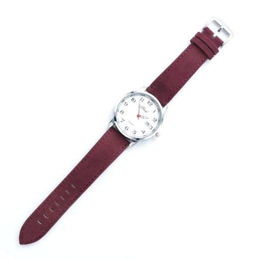 Fashion Men's Analogue Wrist Watch -  Square Case, Brown Dial With Burgundy Suede-Finish Strap and Stainless Steel Back- Burgundy