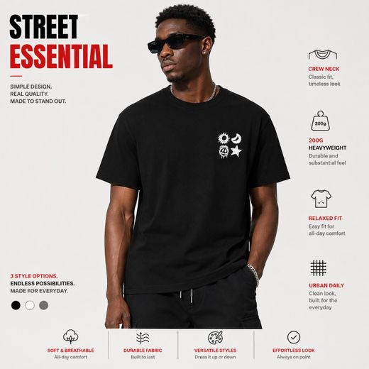 Fashion 3 in 1 Men 200G Heavyweight Short Sleeve T Shirt Set, Star Moon Letter Graphic Print Crew Neck Soft Cotton Casual Multipack Tee For Daily Street Wear - image 3