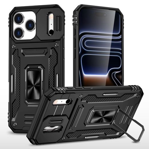 Casebuy Phone Case, Compatible With Iphone 17 Pro Max / Iphone 18 Pro Max Phone, Slide Window Lens Protection with Magnetic Stand Ring - Black