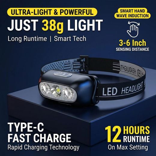 Generic ASCENT Smart Induction Headlamp, Portable, USB Charging, 12H Runtime, Waterproof,Lightweight 38g