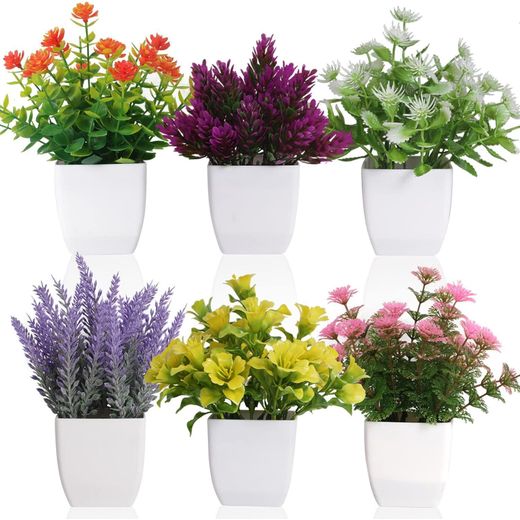 Generic 6-pack artificial potted flowers, small potted plants for home and office decoration