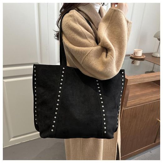General Studded Tote Bag for Women, Retro Large Capacity Shoulder Bag, Simple Rivet Handbag, Black - image 3