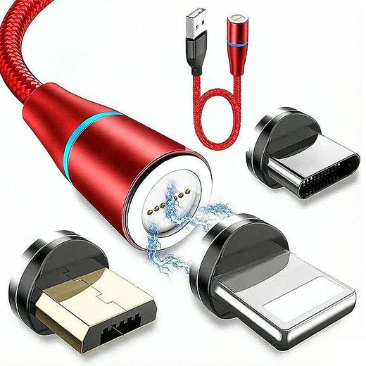 Generic Magnetic Charging Cable, 3 in 1 3A Fast Charge and Sync Data Magnetic Cable with Micro USB Type C IP Adapter for Phone, Android Samsung, Huawei, Kindle (2M, Red)