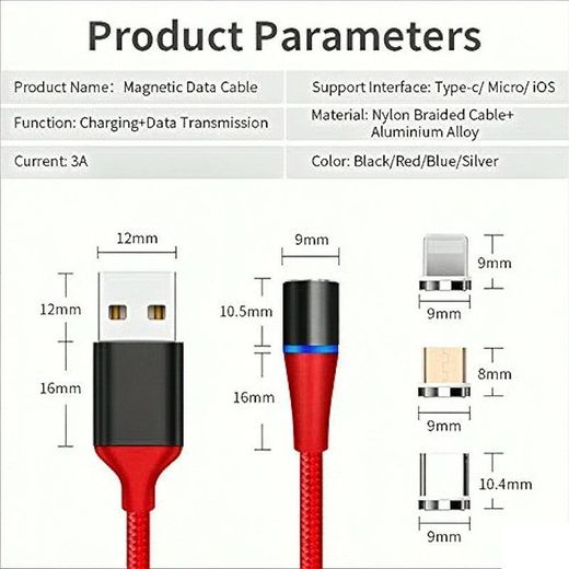 Generic Magnetic Charging Cable, 3 in 1 3A Fast Charge and Sync Data Magnetic Cable with Micro USB Type C IP Adapter for Phone, Android Samsung, Huawei, Kindle (2M, Red) - image 2