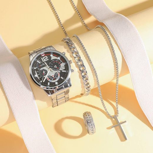 GENEVA 4 Pcs Men's High Fashion design diamondb Bracelet Wrist Watches + Boxes - Sliver - image 3