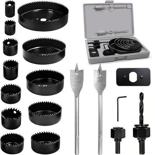 Generic 18Pcs Hole Saw Kit,Wood Hole Saw Set with 3/4in-5in Hole Saws,Mandrels,Drill Bits,Installation Plate,Hex Wrench,Flat Saw,Storage Case for Wood,Plywood,PVC,Drywall,Plastic
