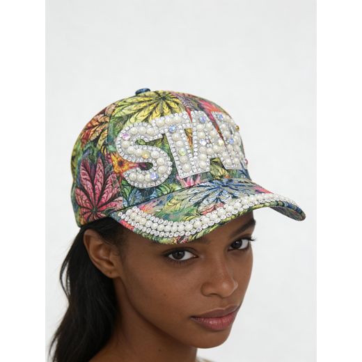 Fashion Tropical Print "STAR" Baseball Cap  Bling Pearls & Rhinestones  Adjustable Snapback - image 4