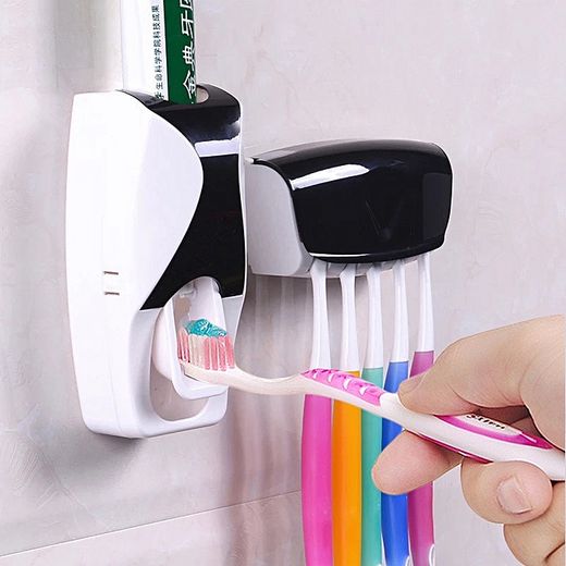 White Label Automatic Toothpaste Dispenser & 5 - Tooth Brush Holder - Black/White - image 4