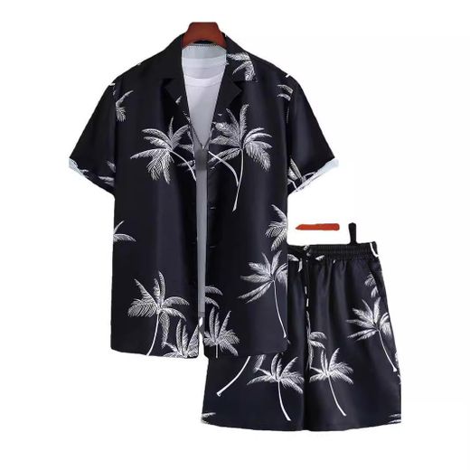 Vintage T Printed Short Sleeve Loose Buttons Casual Shirt & Short - Black