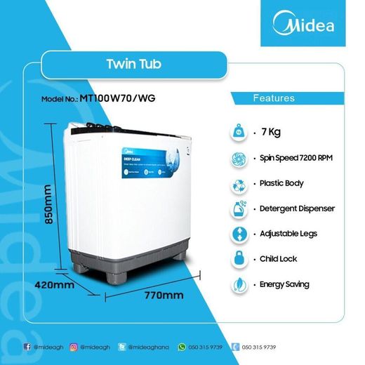Midea 7KG Twin Tub Semi-Automatic Washing Machine - White - image 4