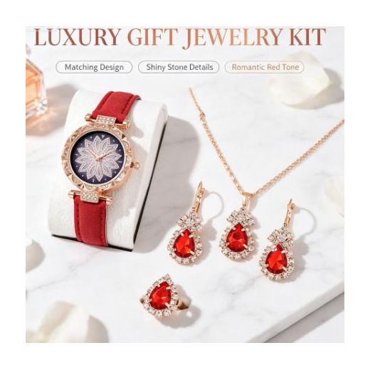 Fashion Ladies' Elegant Flower Watch&Necklace&Earrings&Ring Set - Red